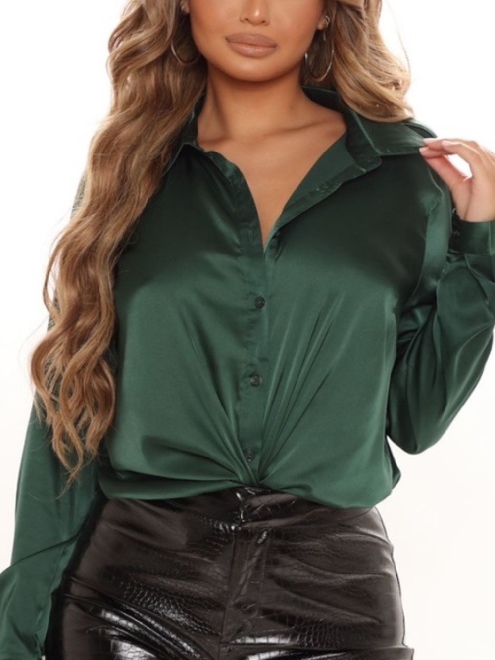 H&M Satin Button-Up Blouse in Deep Green, NWT, XXL